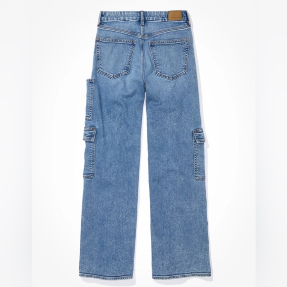 AE Curvy Super High-Rise Baggy Wide-Leg Cargo Blue Jeans, stretch, size 0 - Picture 6 of 14